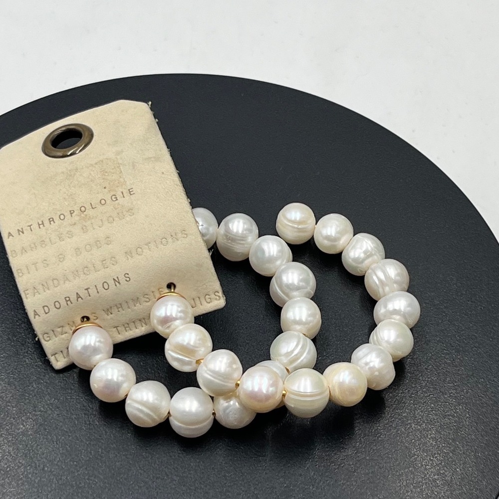 Anthropologie‎ Freshwater White Pearl 2" Hoop Earrings New